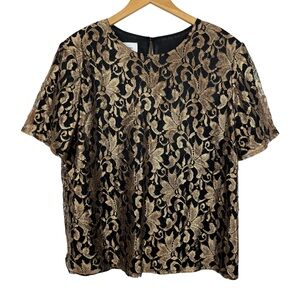 80s‎ Vintage Joan Black And Gold Floral Lace Short Sleeve Blouse